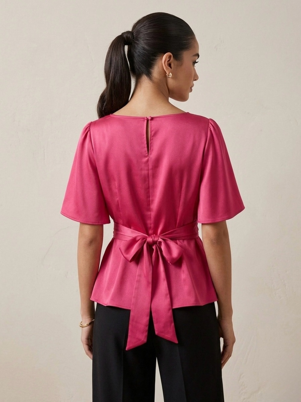 Ann Taylor Factory Fuchsia Pink Flutter Sleeve Tie Back Top M